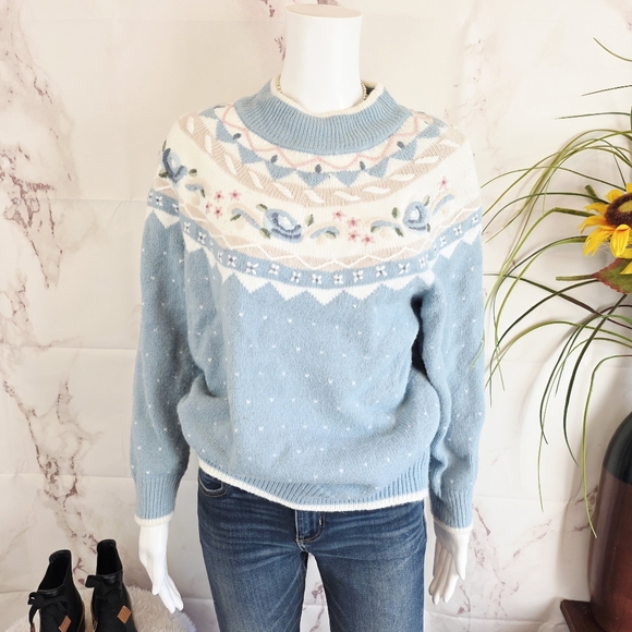 Vintige Women's Nordic Intarsia Blue Patterned Sweater - Picture 4 of 7